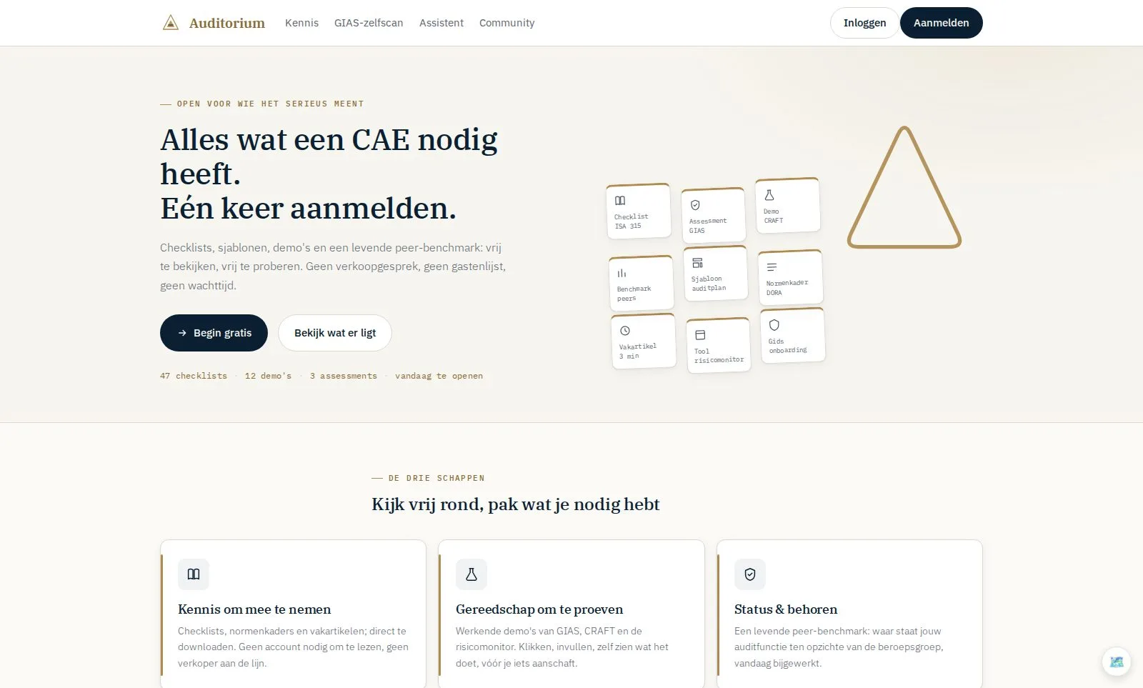 Startpagina van Auditorium, met de zelfscan, bibliotheek en peer-benchmark.