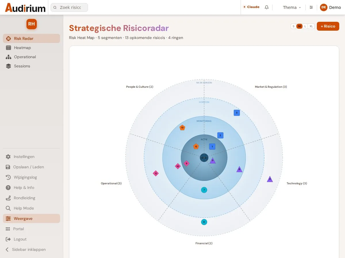 De strategische risicoradar met vijf segmenten en vier ringen.