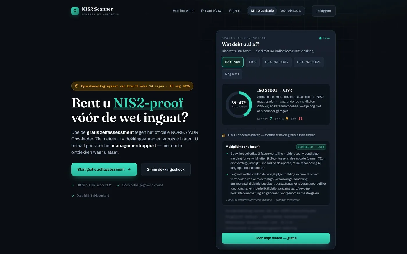De NIS2 Scanner met de gratis dekkingscheck en het aantal concrete hiaten.