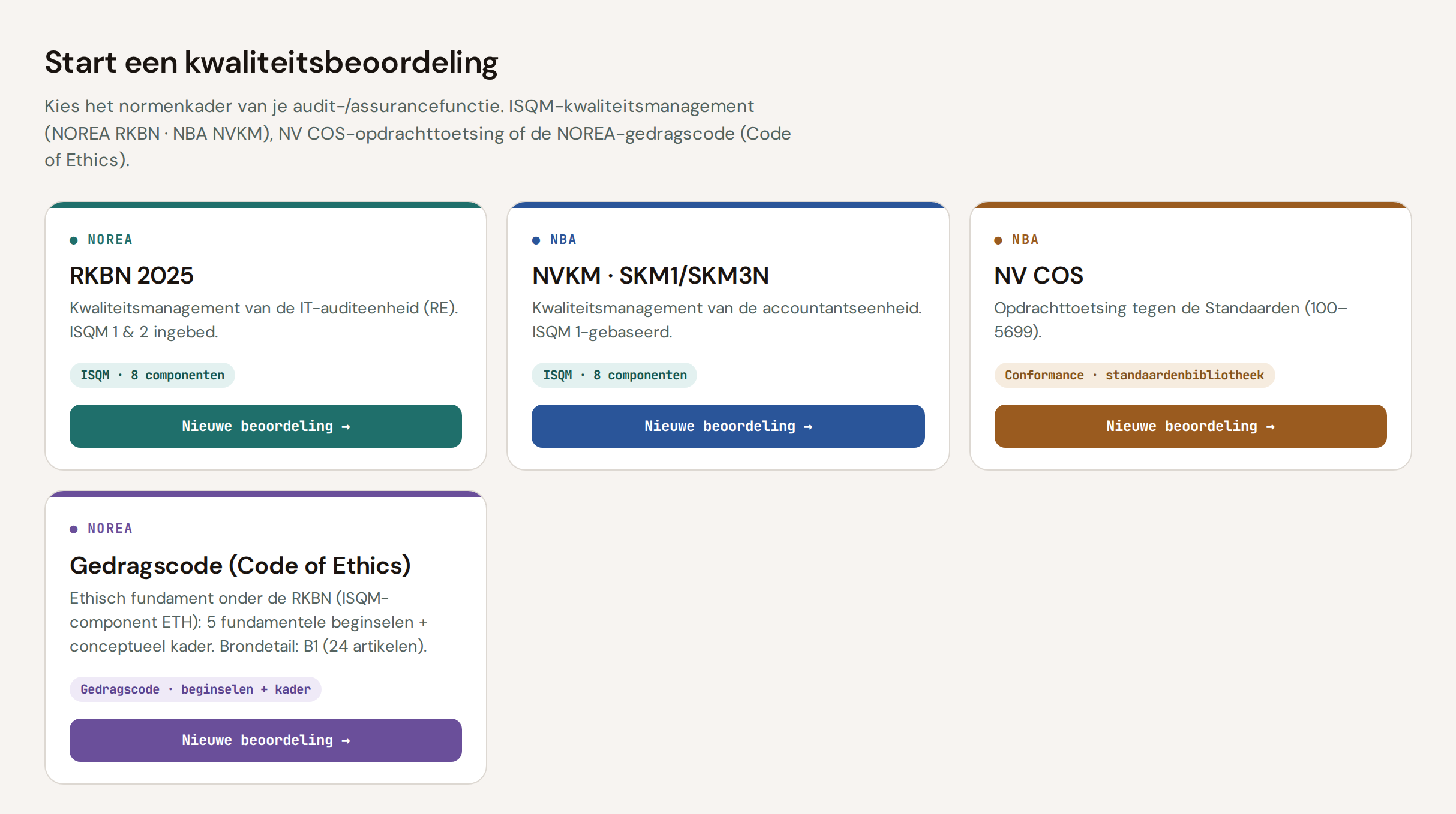 Normenkader-kiezer: NOREA-RKBN 2025, NBA-NVKM, NV COS en NOREA-gedragscode