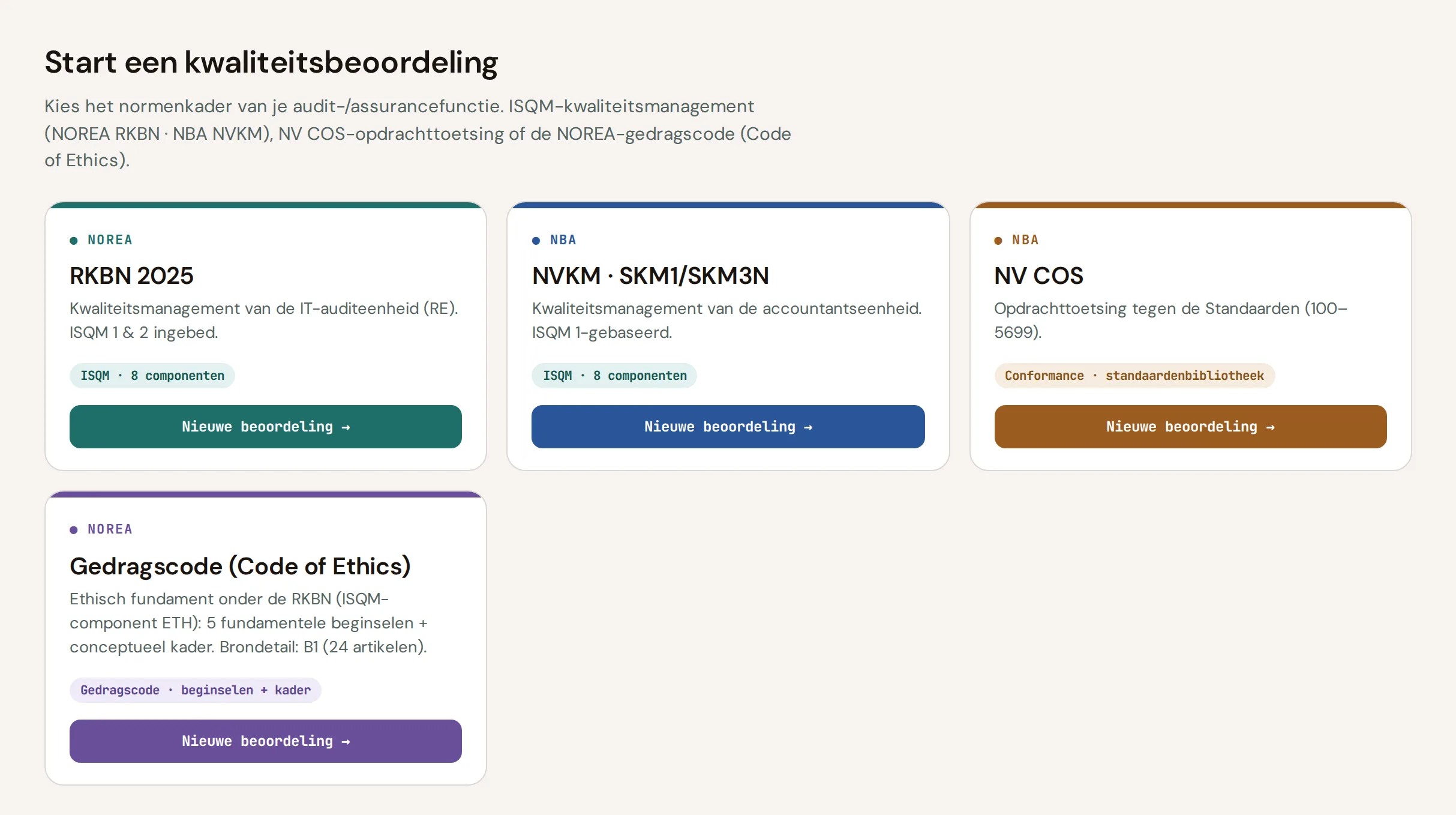 Normenkader-kiezer: NOREA-RKBN 2025, NBA-NVKM, NV COS en NOREA-gedragscode