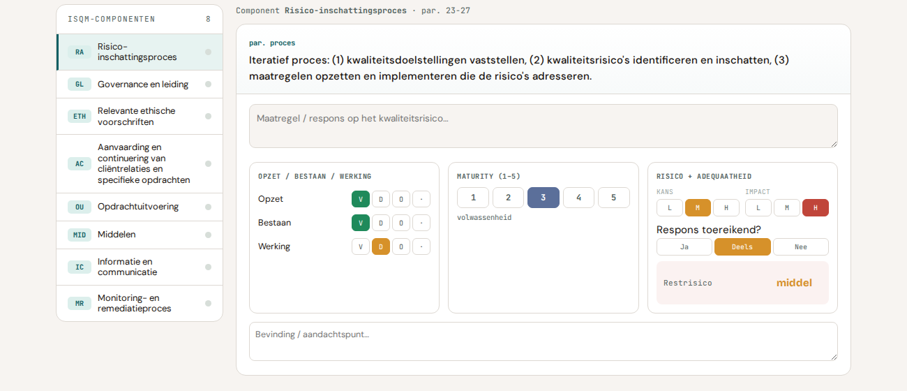 Scoring met de drie lenzen: Opzet/Bestaan/Werking, Maturity 1-5 en Risico met restrisico
