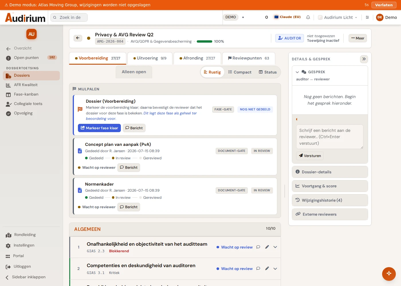 Dossierscherm van de Audit File Review met checklist en beurtindicator