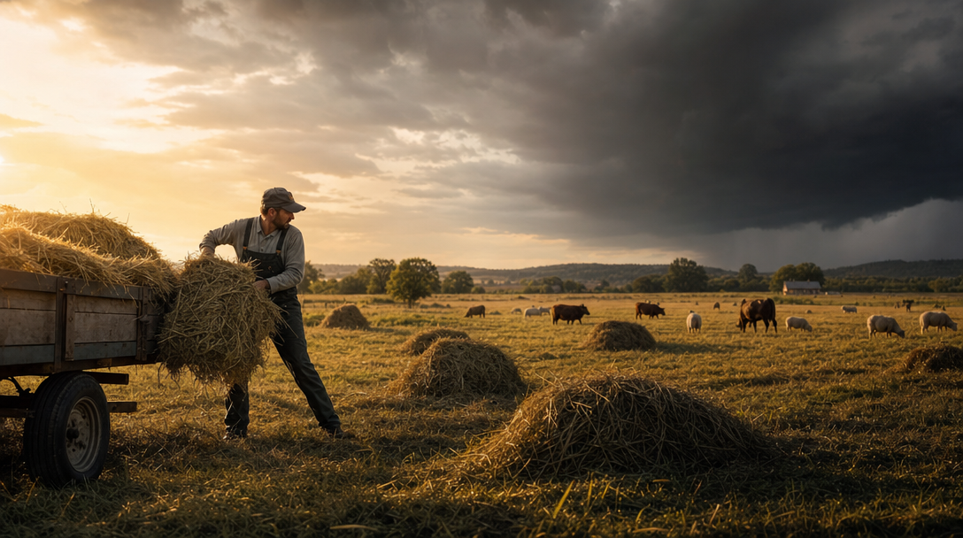 Een boer haalt het hooi binnen voordat de regen komt en laat de rest van het veld staan
