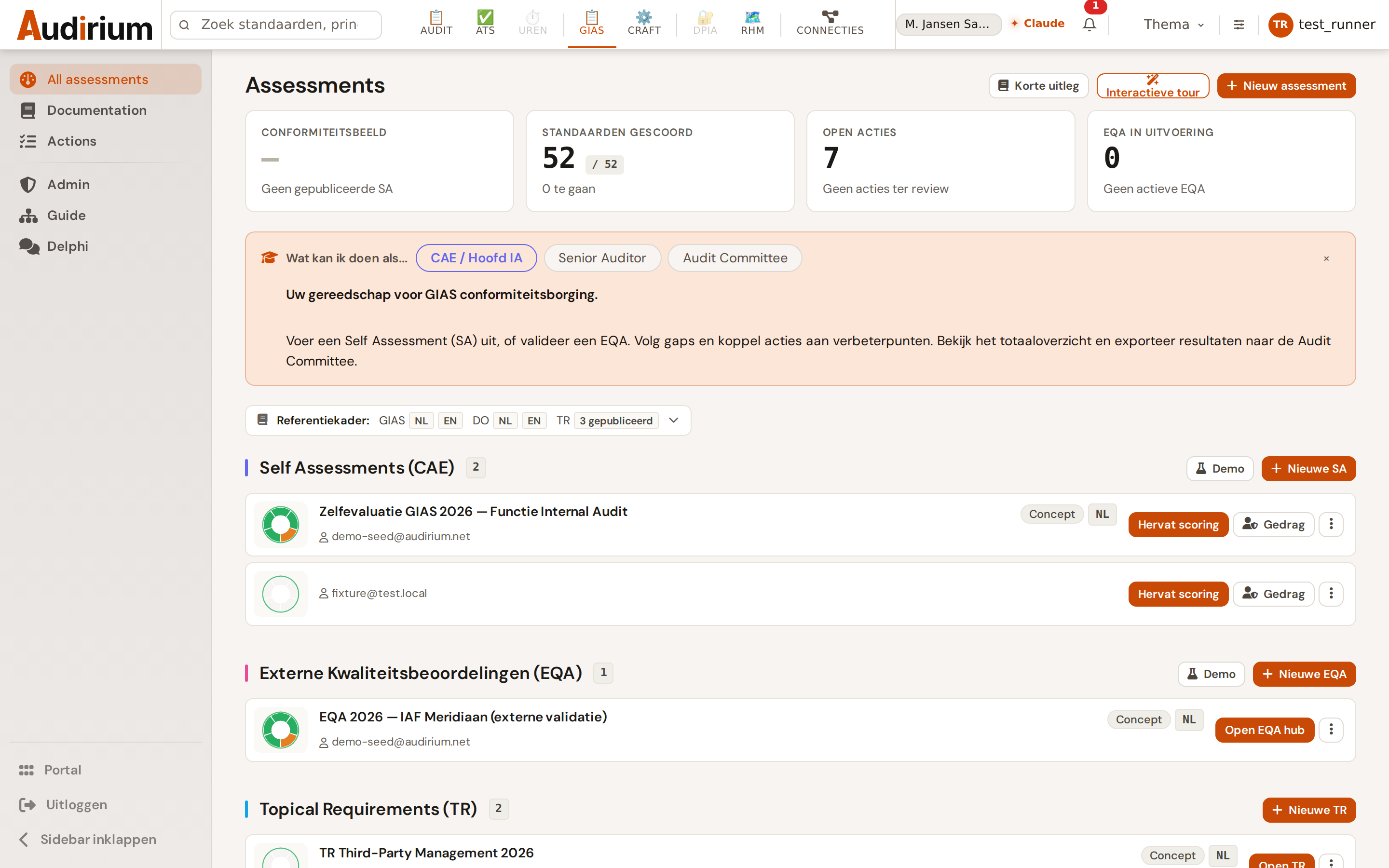 GIAS-dashboard: kies een Self Assessment, EQA of Topical Requirement