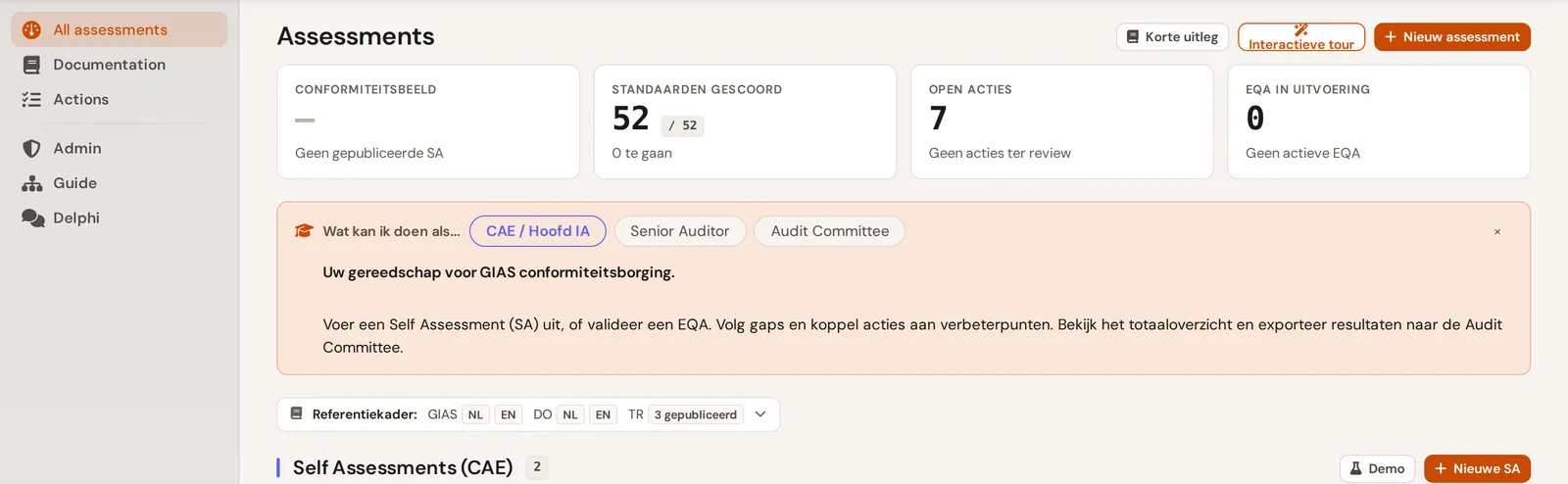 Assessments-overzicht: conformiteitsbeeld, gescoorde standaarden en open acties