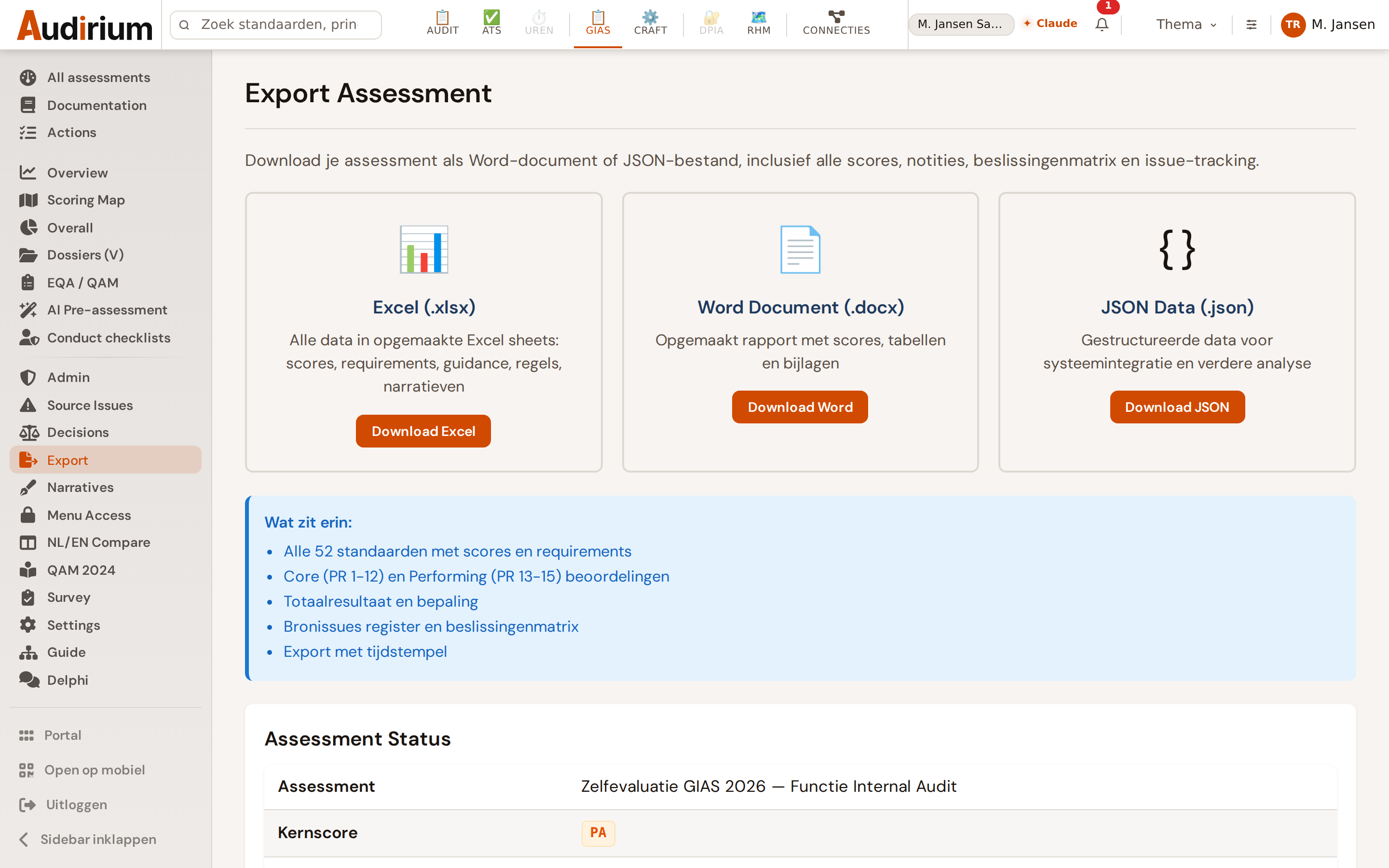 Export naar Excel of JSON met scores, beslissingenmatrix en bronissues