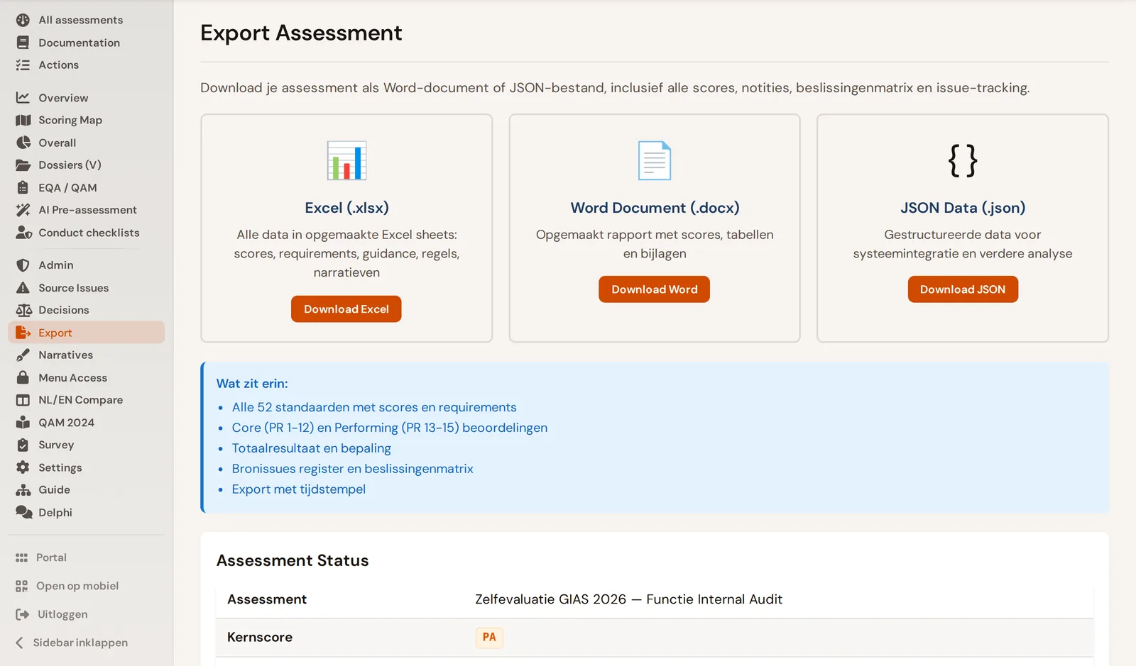 Export naar Excel of JSON met scores, beslissingenmatrix en bronissues