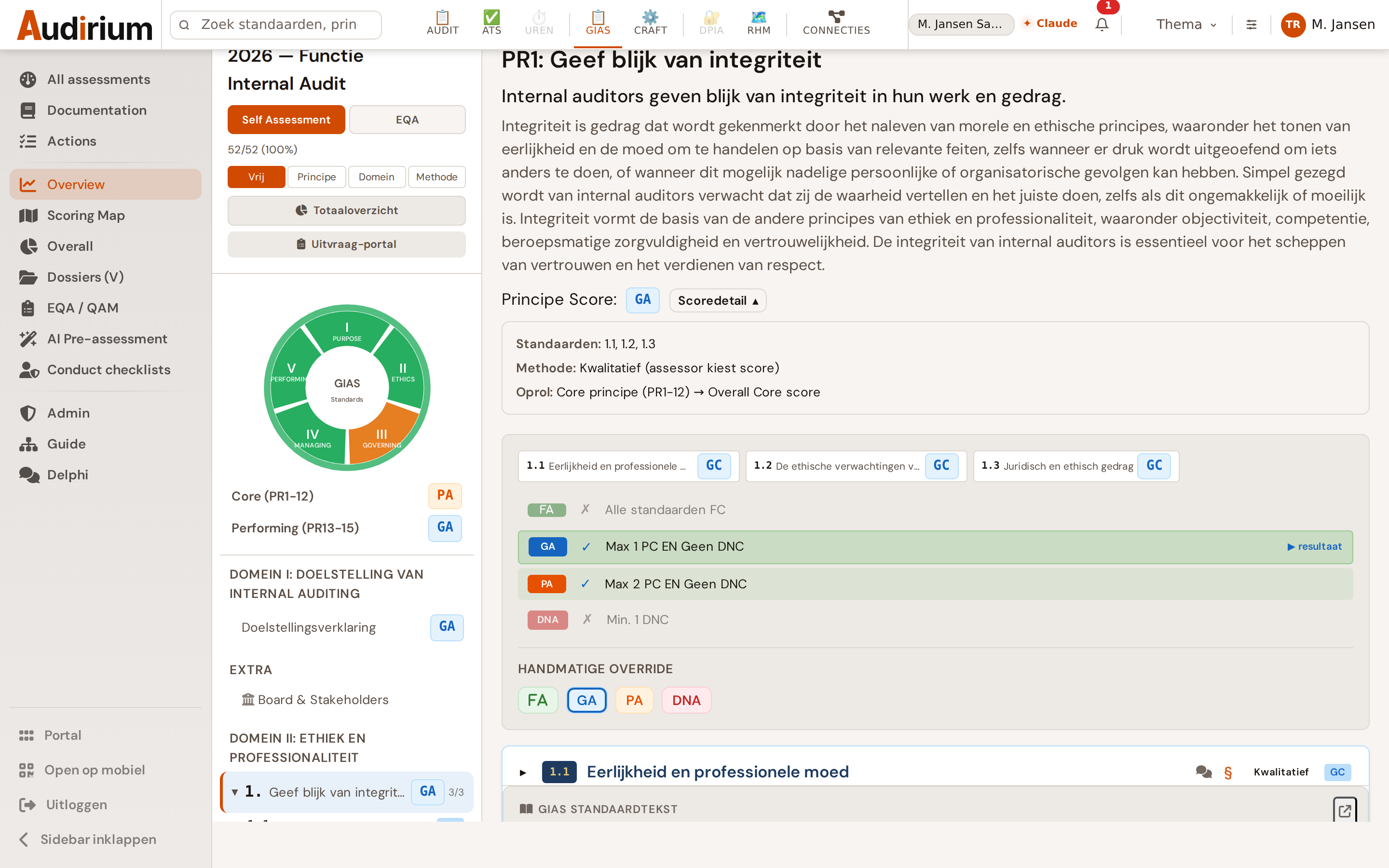Scoring per vereiste met GC/PC/DNC en automatische principe-score