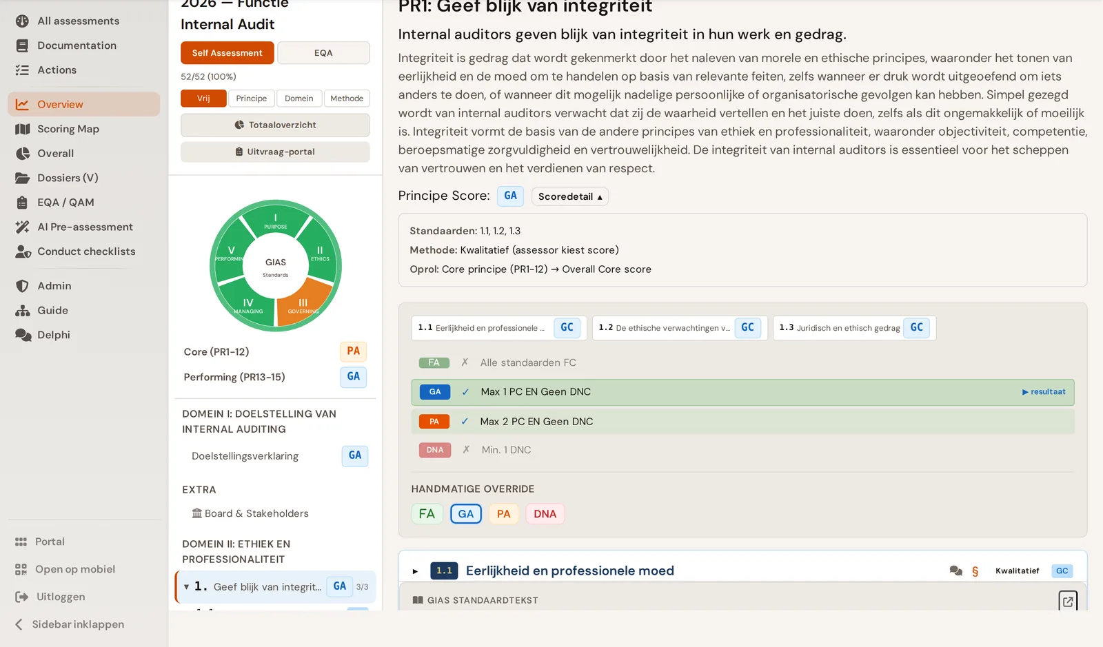 Scoring per vereiste met GC/PC/DNC en automatische principe-score