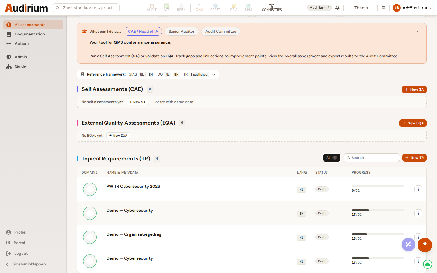 GIAS dashboard with overview of SA, EQA and TR