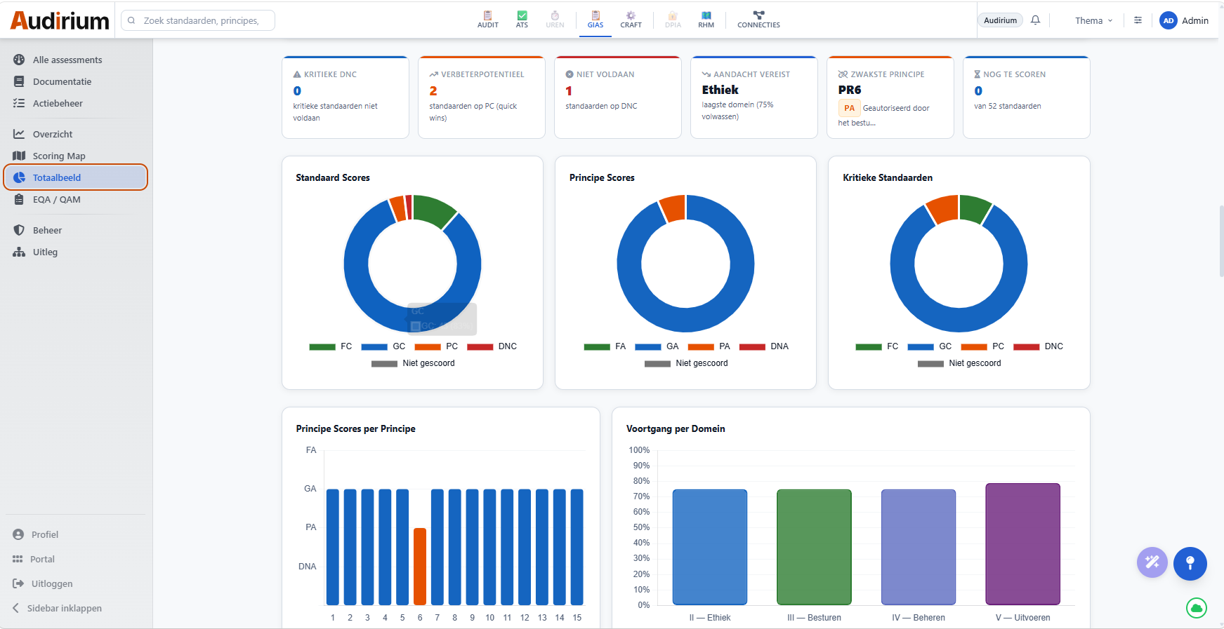 Score overview with maturity levels per principle and domain