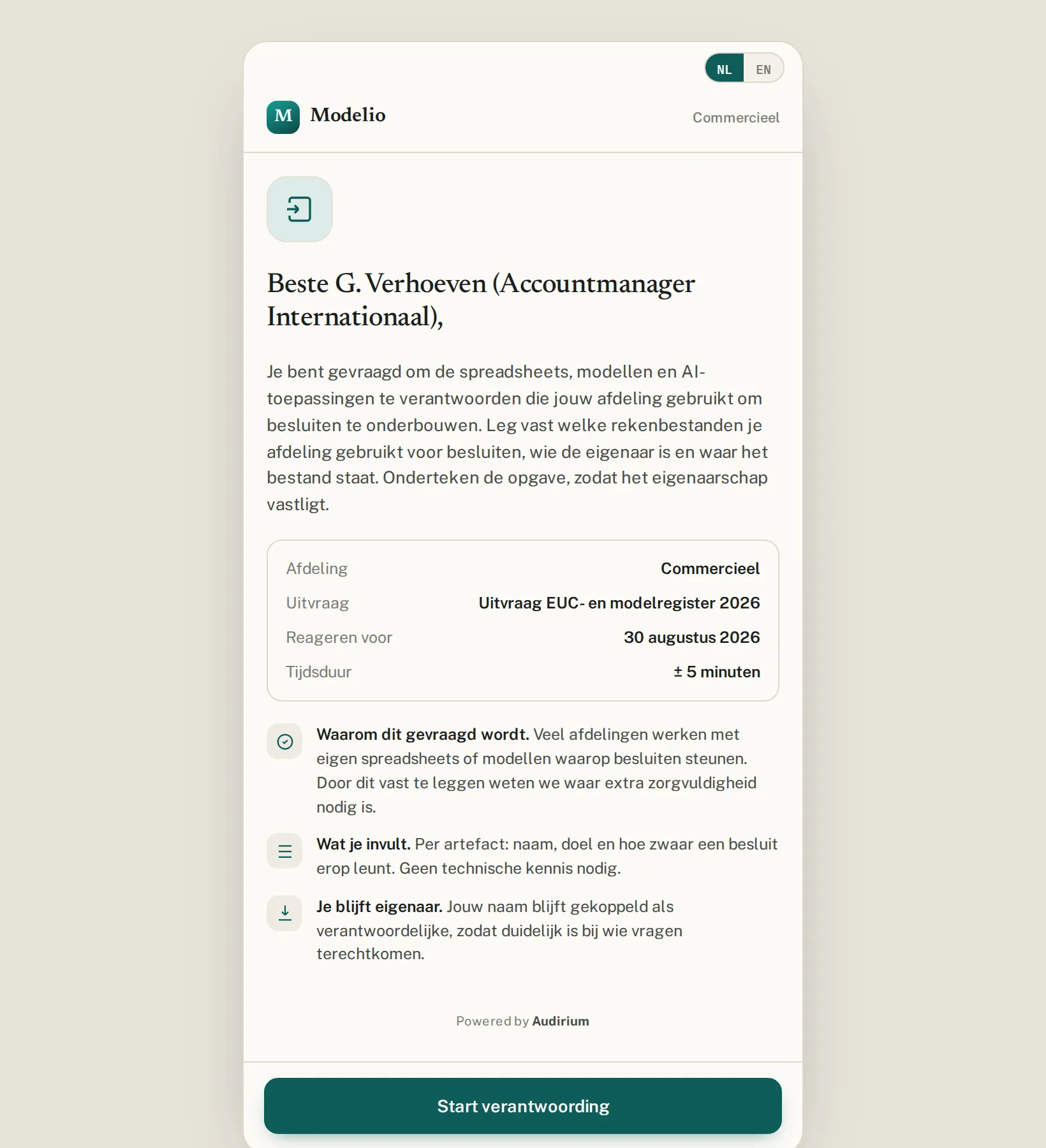 De publieke intake: de manager krijgt zonder account een persoonlijke uitnodiging met afdeling, uitvraag en deadline